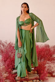 WOMEN'S GREEN CREPE & SATIN ORGANZA REHANA CHOGA SET