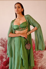 WOMEN'S GREEN CREPE & SATIN ORGANZA REHANA CHOGA SET