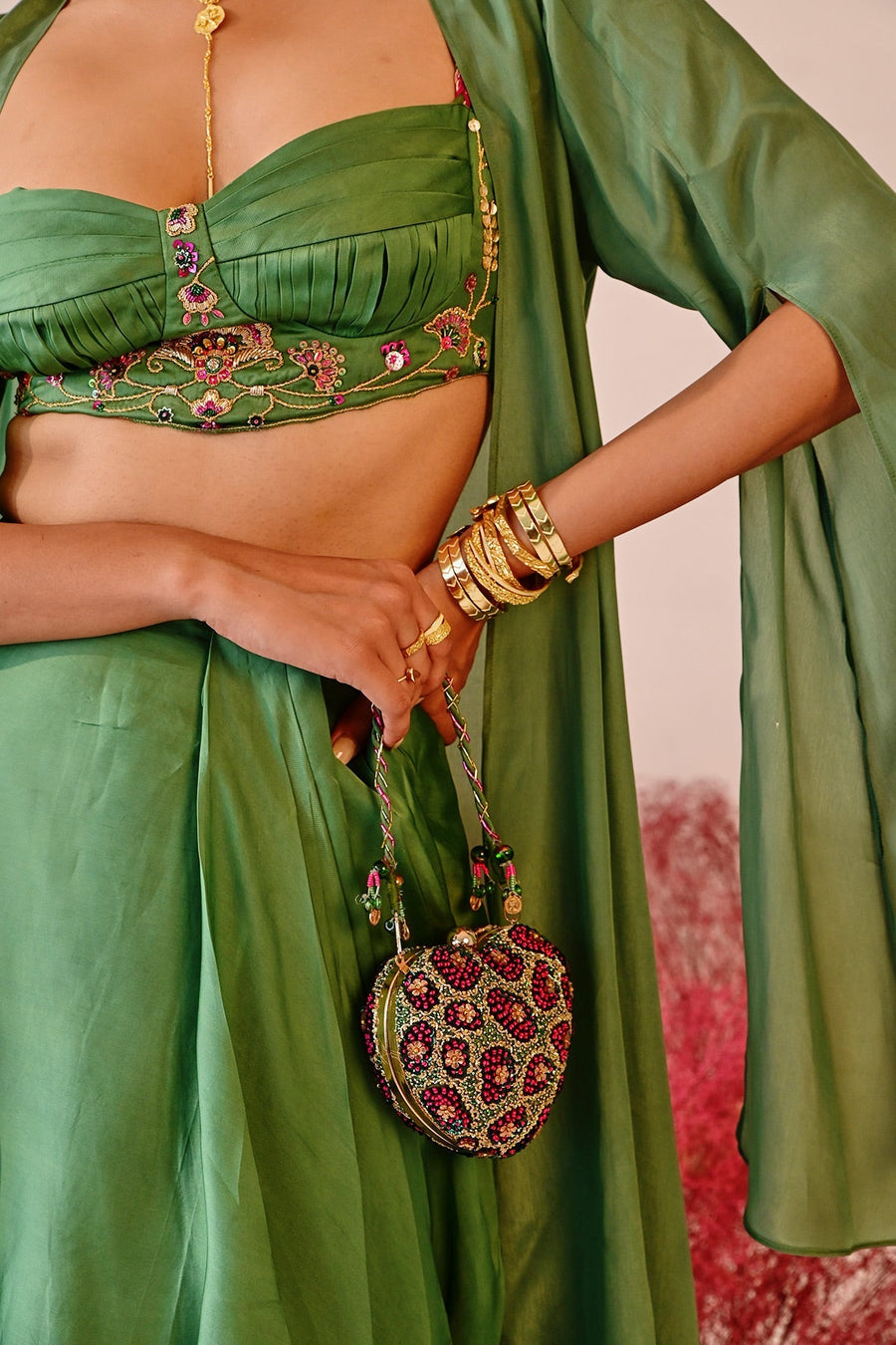 WOMEN'S GREEN CREPE & SATIN ORGANZA REHANA CHOGA SET
