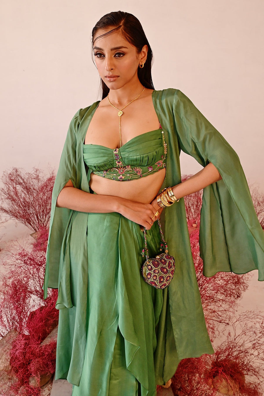 WOMEN'S GREEN SATIN ORGANZA SUTRA BLOUSE