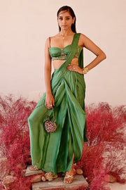 WOMEN'S GREEN SATIN & ORGANZA CALISTA DHOTI SAREE SET