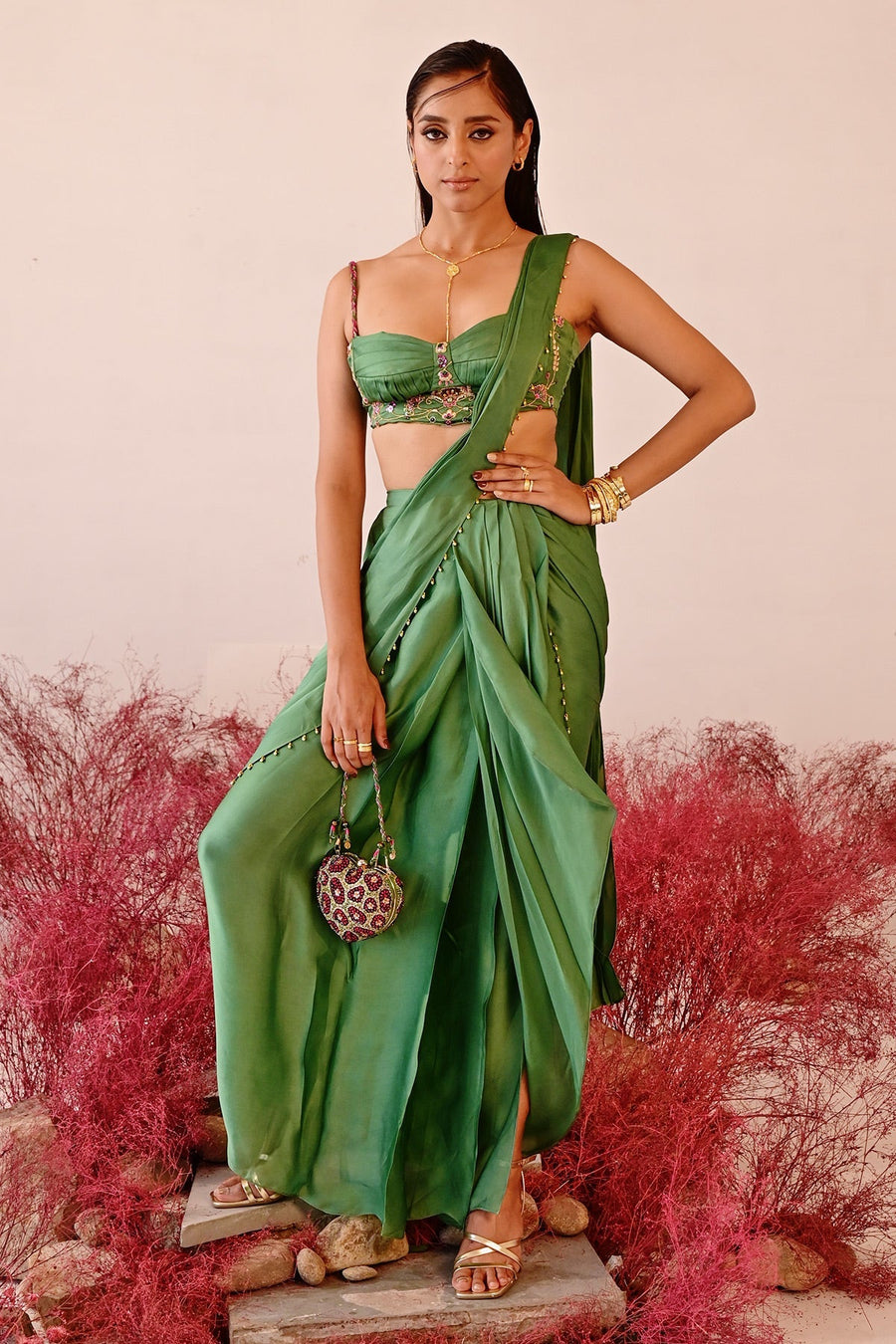 WOMEN'S GREEN SATIN & ORGANZA CALISTA DHOTI SAREE SET