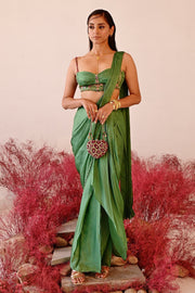 WOMEN'S GREEN SATIN & ORGANZA CALISTA DHOTI SAREE SET