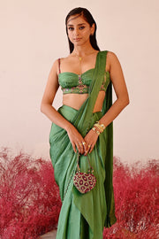 WOMEN'S GREEN SATIN & ORGANZA CALISTA DHOTI SAREE SET