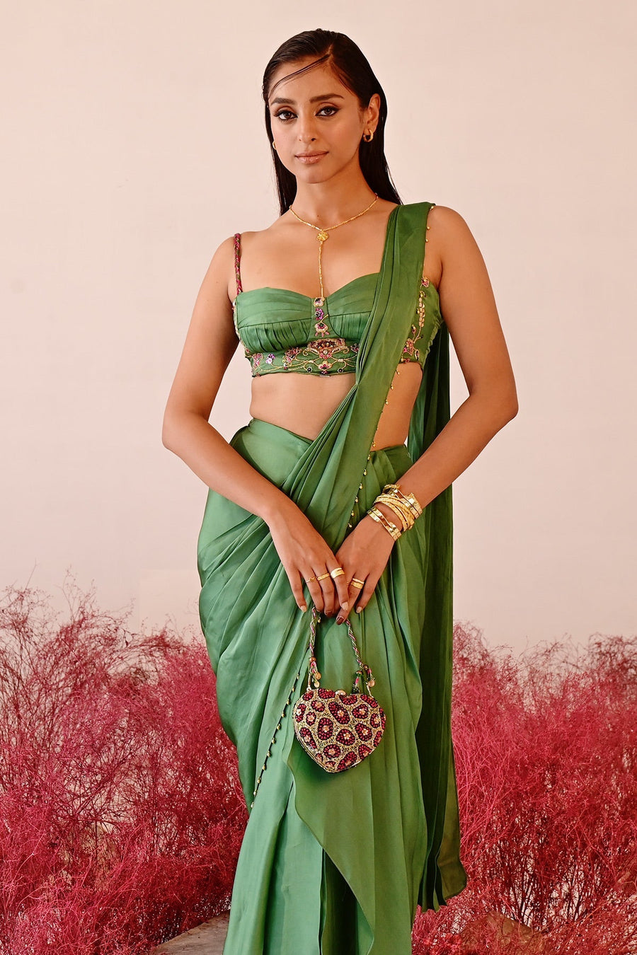 WOMEN'S GREEN SATIN & ORGANZA CALISTA DHOTI SAREE SET