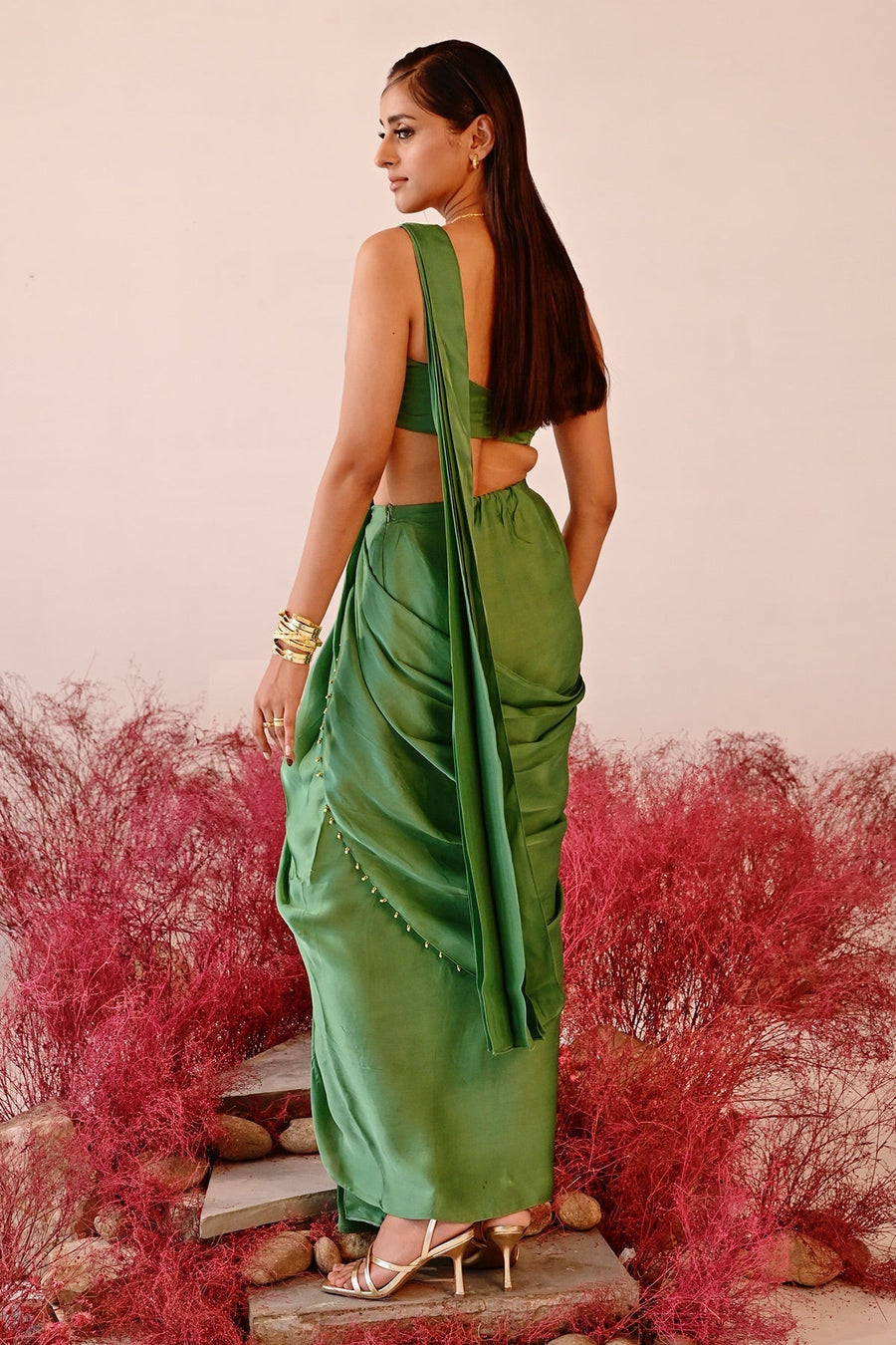 WOMEN'S GREEN SATIN & ORGANZA CALISTA DHOTI SAREE SET