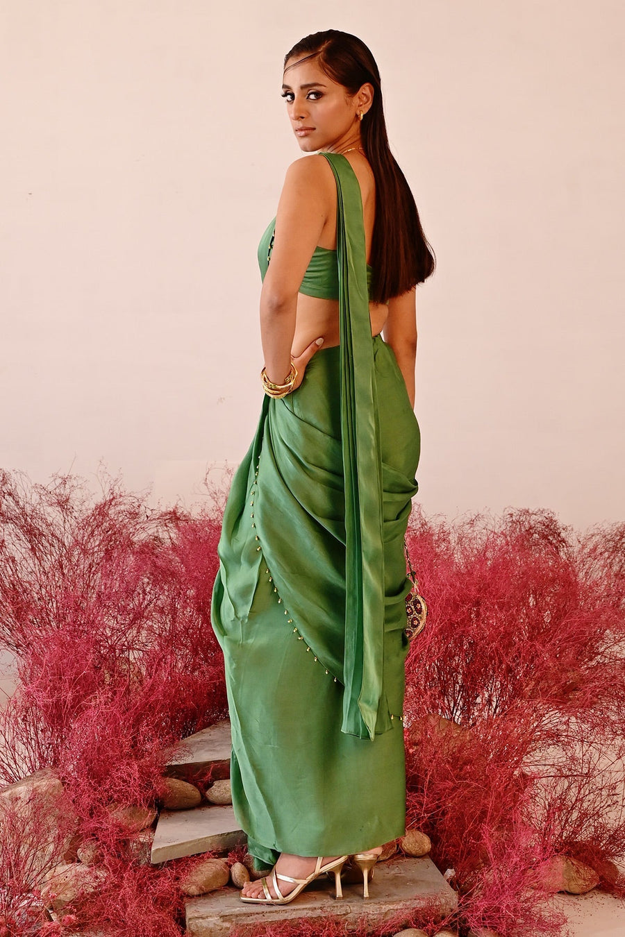 WOMEN'S GREEN SATIN & ORGANZA CALISTA DHOTI SAREE SET