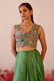 WOMEN'S GREEN CREPE & SATIN ORGANZA JHAROKHA CO-ORD SET