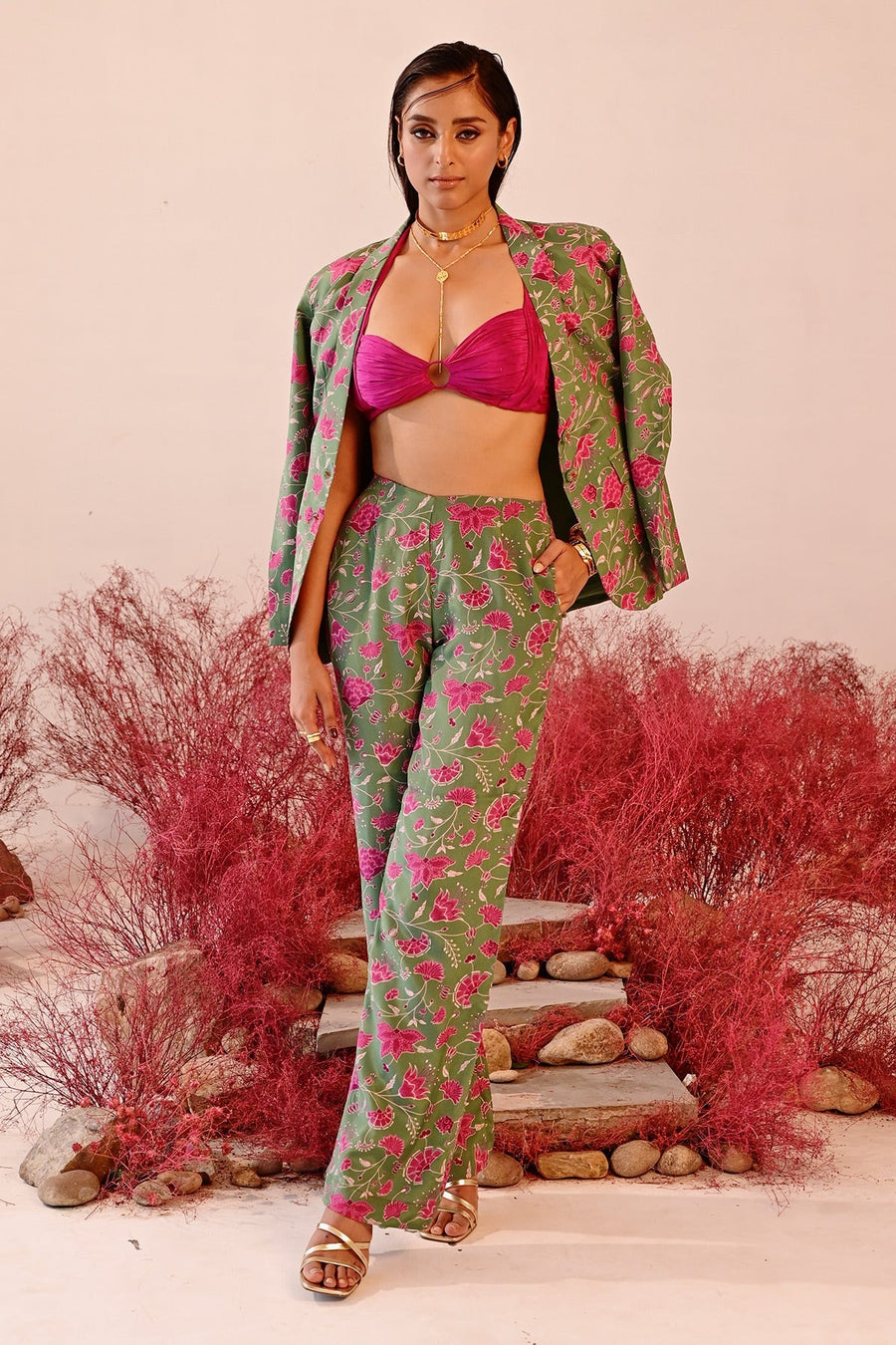 WOMEN'S GREEN AND MAGENTA CREPE SAJIDA COAT PANT SET