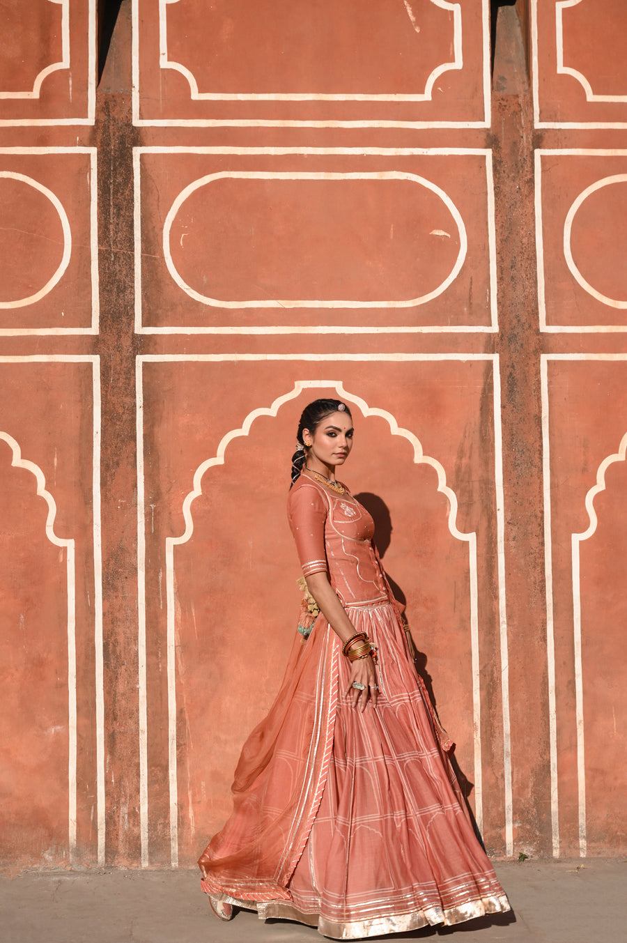 WOMEN'S ORANGE CHANDERI HAWA MAHAL LEHENGA SET
