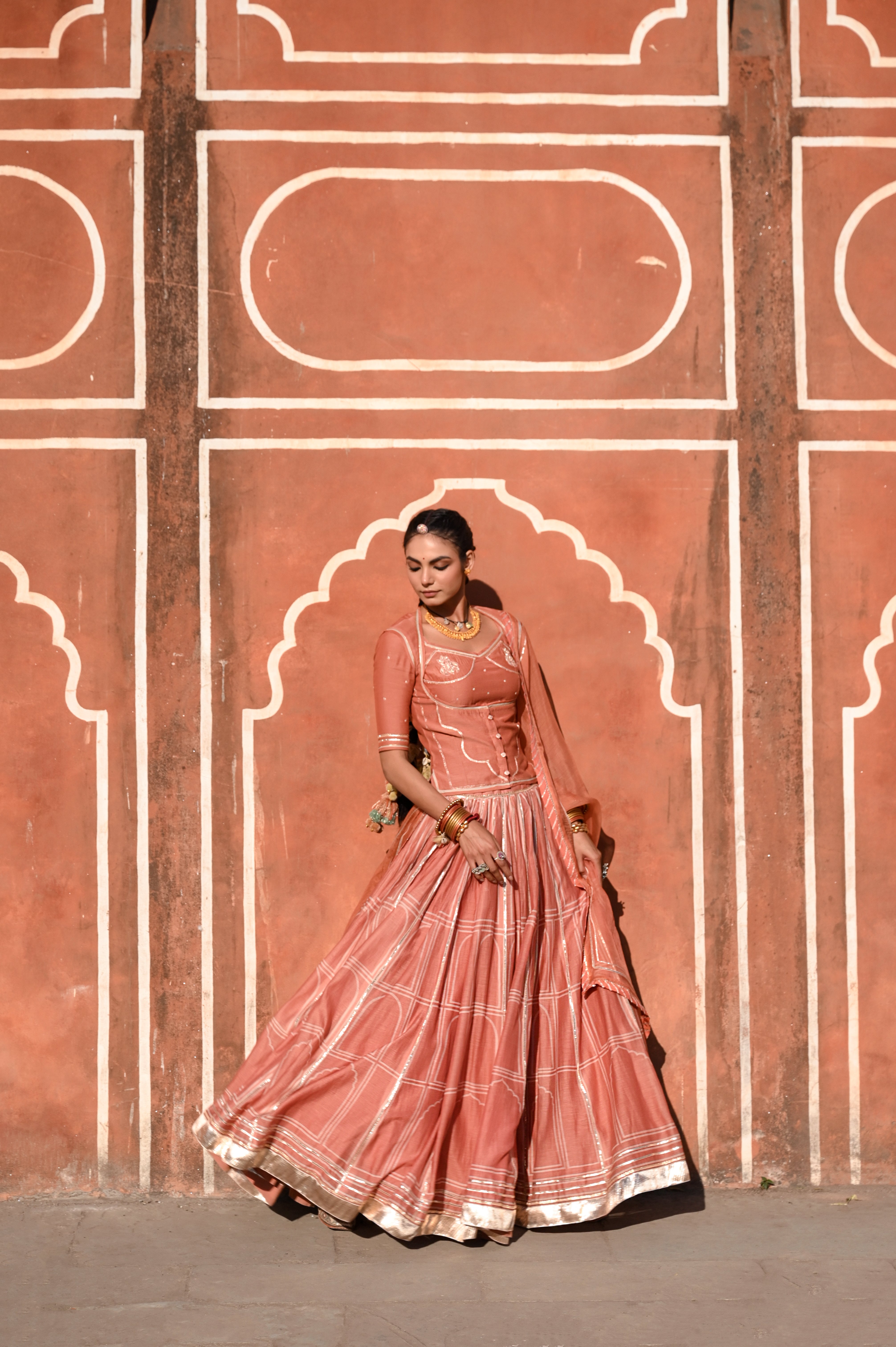 WOMEN'S ORANGE CHANDERI HAWA MAHAL LEHENGA SET