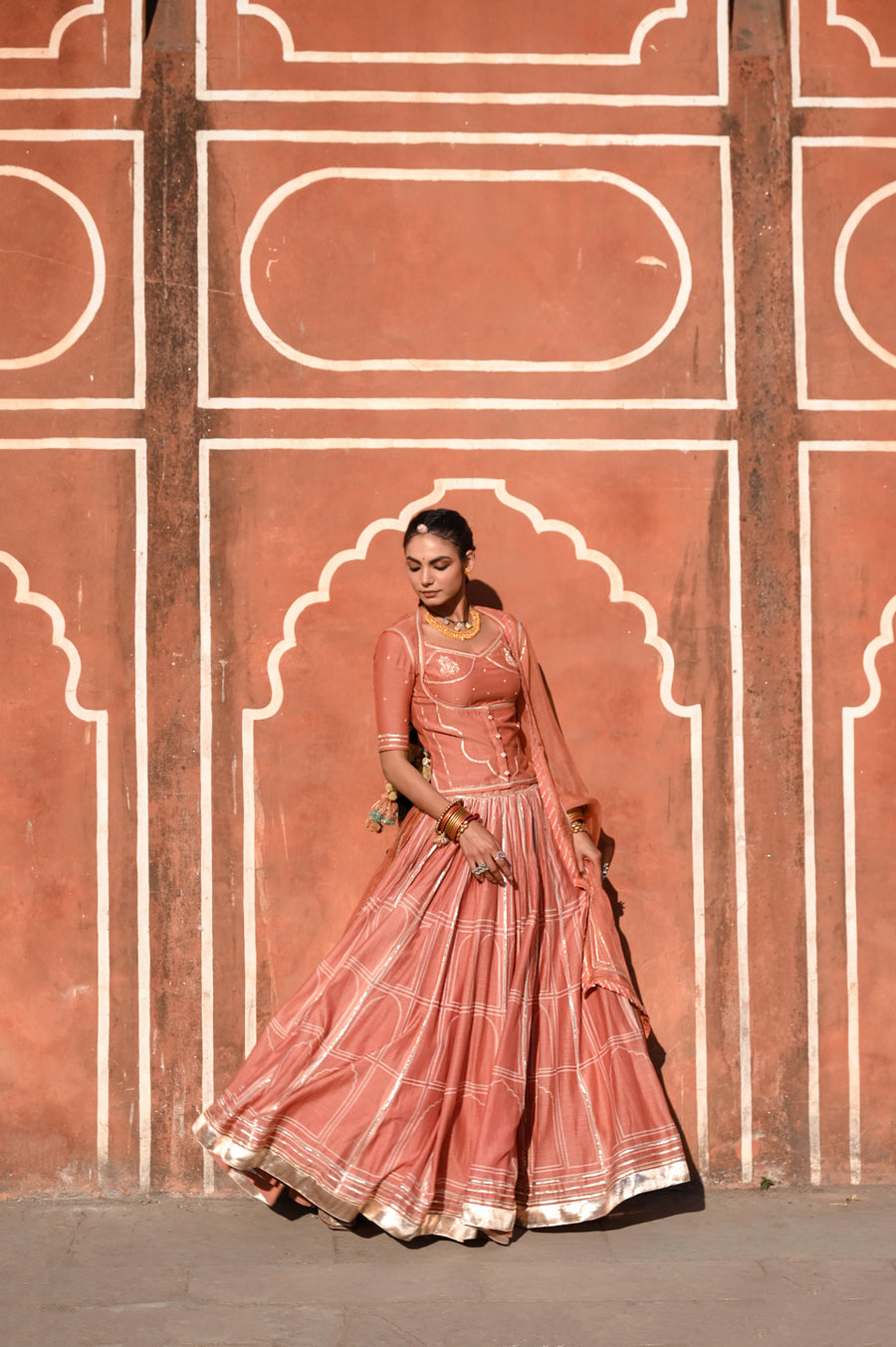 WOMEN'S ORANGE CHANDERI HAWA MAHAL LEHENGA SET