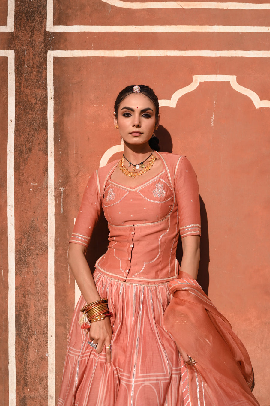 WOMEN'S ORANGE CHANDERI HAWA MAHAL LEHENGA SET