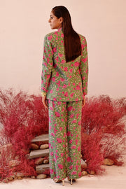 WOMEN'S GREEN AND MAGENTA CREPE SAJIDA COAT PANT SET