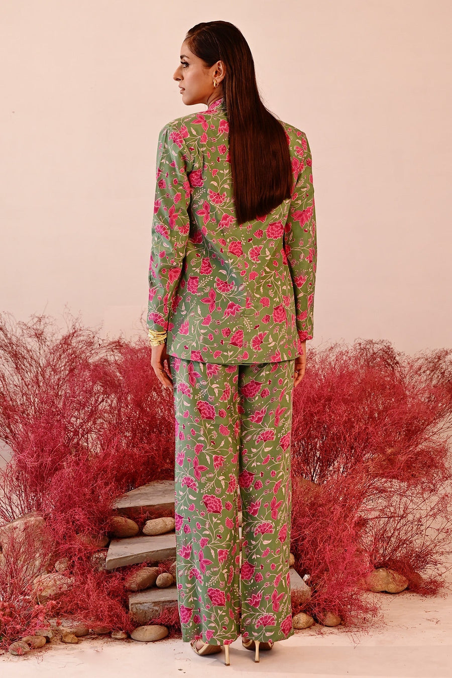 WOMEN'S GREEN AND MAGENTA CREPE SAJIDA COAT PANT SET