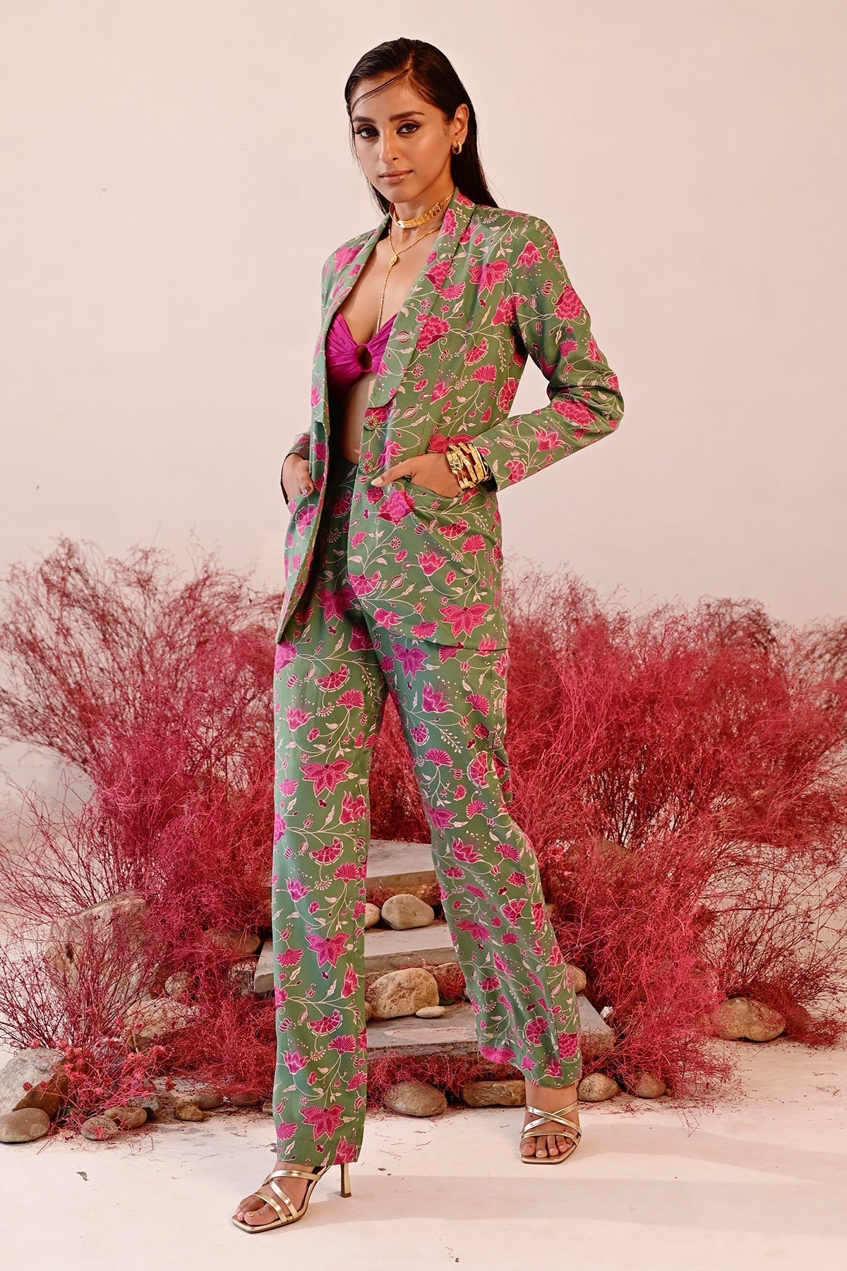 WOMEN'S GREEN AND MAGENTA CREPE SAJIDA COAT PANT SET