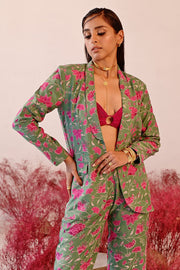 WOMEN'S GREEN AND MAGENTA CREPE SAJIDA COAT PANT SET