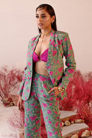 WOMEN'S GREEN AND MAGENTA CREPE SAJIDA COAT PANT SET