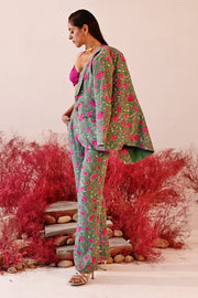 WOMEN'S GREEN AND MAGENTA CREPE SAJIDA COAT PANT SET