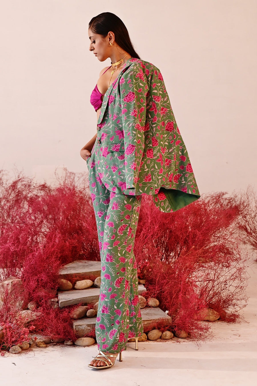 WOMEN'S GREEN AND MAGENTA CREPE SAJIDA COAT PANT SET
