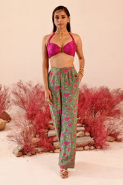 WOMEN'S GREEN AND MAGENTA CREPE SAJIDA COAT PANT SET