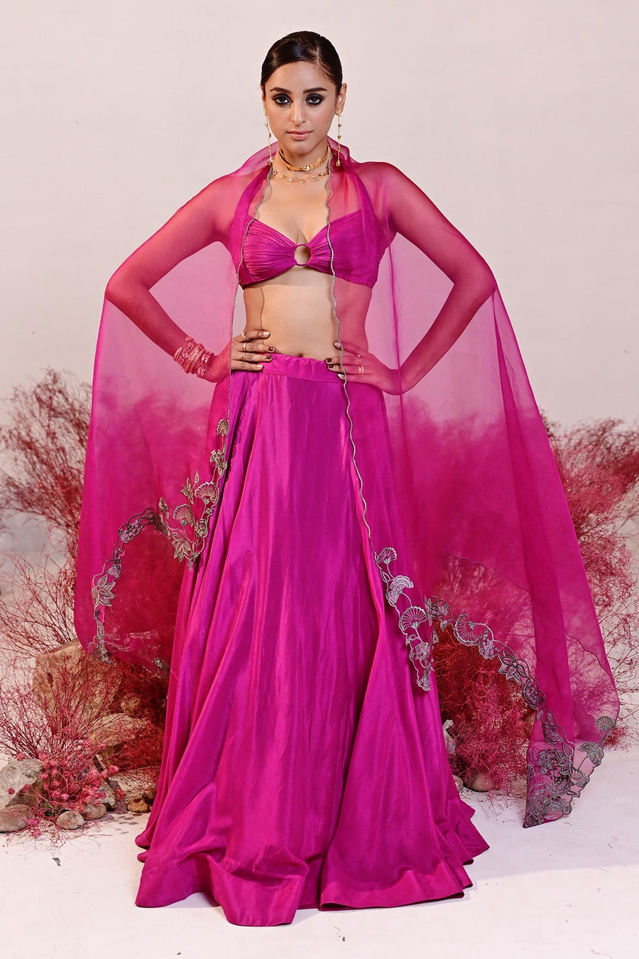 WOMEN'S MAGENTA CREPE & ORGANZA MALLIKA LEHENGA SET