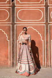 WOMEN'S MULTICOLOR LINEN SATIN SILK RANG MAHAL LEHENGA SET