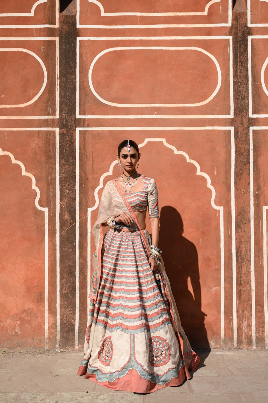 WOMEN'S MULTICOLOR LINEN SATIN SILK RANG MAHAL LEHENGA SET