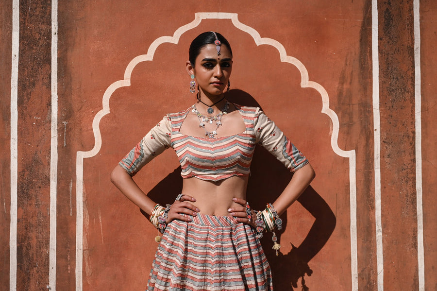 WOMEN'S MULTICOLOR LINEN SATIN SILK RANG MAHAL LEHENGA SET