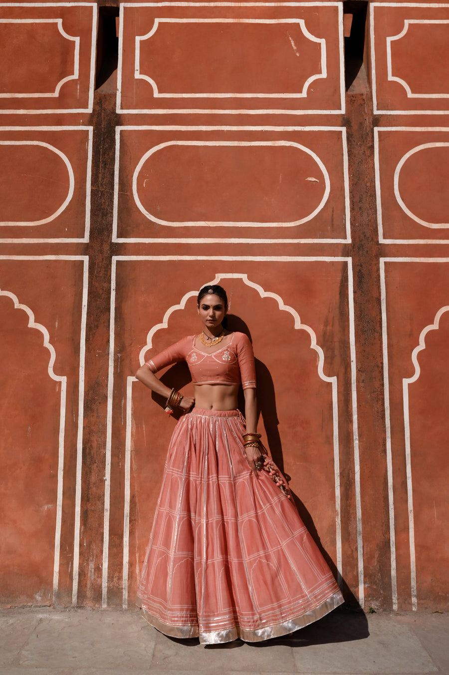 WOMEN'S ORANGE CHANDERI HAWA MAHAL LEHENGA SET