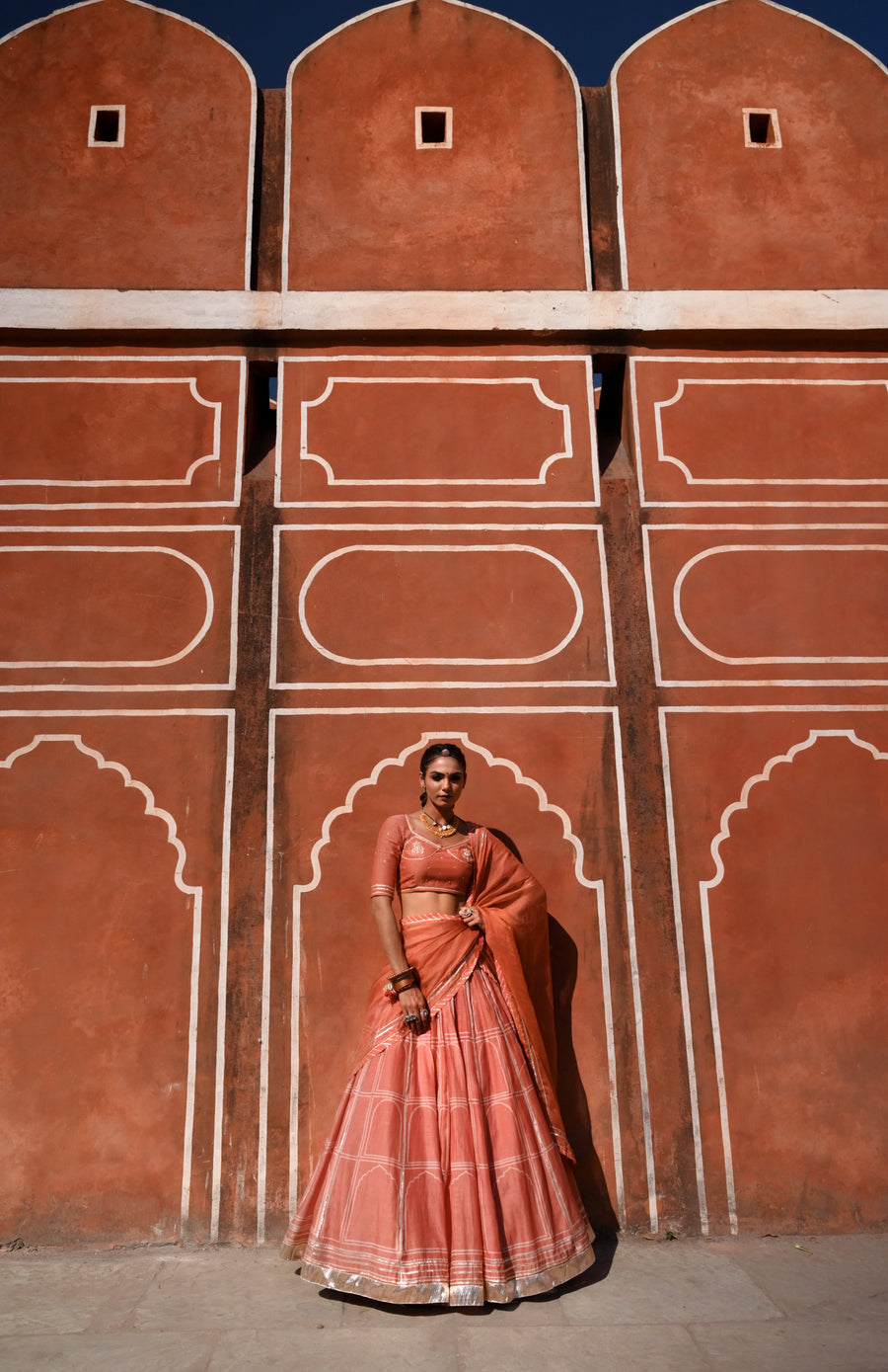 WOMEN'S ORANGE CHANDERI HAWA MAHAL LEHENGA SET