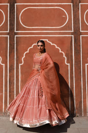 WOMEN'S ORANGE CHANDERI HAWA MAHAL LEHENGA SET