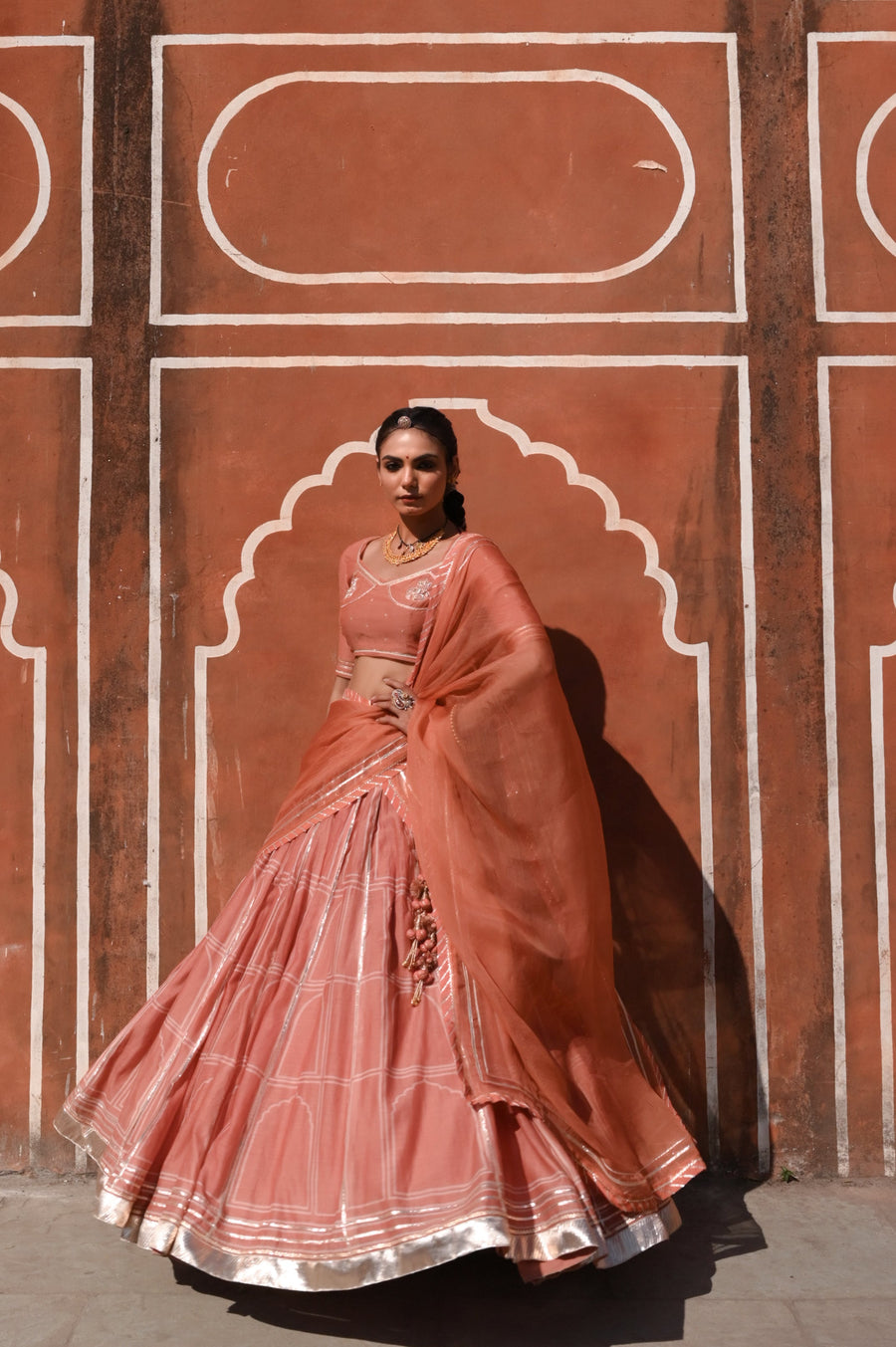 WOMEN'S ORANGE CHANDERI HAWA MAHAL LEHENGA SET