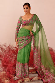 WOMEN'S GREEN AND MAGENTA CREPE & ORGANZA DEVIANA SAREE WITH BLOUSE