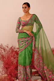 WOMEN'S GREEN AND MAGENTA CREPE & ORGANZA DEVIANA SAREE WITH BLOUSE