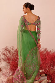 WOMEN'S GREEN AND MAGENTA CREPE & ORGANZA DEVIANA SAREE