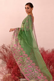 WOMEN'S GREEN AND MAGENTA CREPE & ORGANZA DEVIANA SAREE