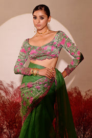 WOMEN'S GREEN AND MAGENTA CREPE & ORGANZA DEVIANA SAREE