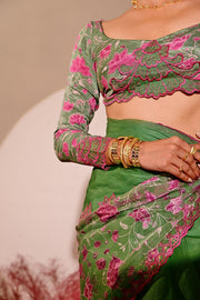 WOMEN'S GREEN AND MAGENTA CREPE & ORGANZA DEVIANA SAREE WITH BLOUSE