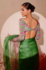 WOMEN'S GREEN AND MAGENTA CREPE & ORGANZA DEVIANA SAREE