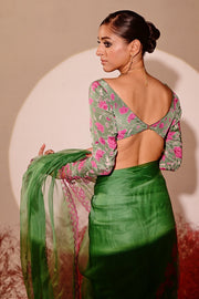 WOMEN'S GREEN CREPE & ORGANZA YARA BLOUSE