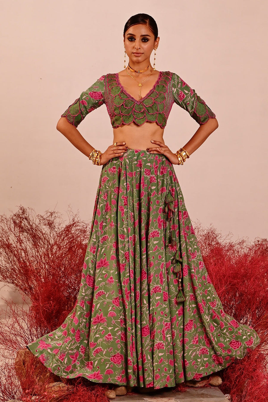 WOMEN'S GREEN CREPE & ORGANZA LIUORA LEHENGA SET