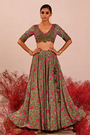 WOMEN'S GREEN CREPE & ORGANZA FARAH BLOUSE