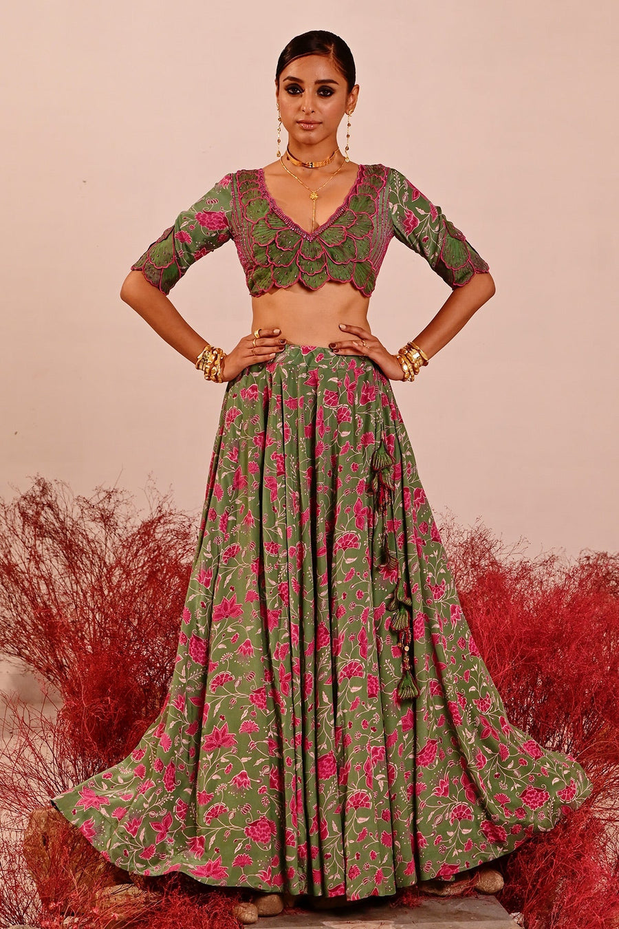 WOMEN'S GREEN CREPE & ORGANZA FARAH BLOUSE