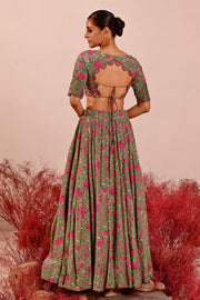 WOMEN'S GREEN CREPE & ORGANZA FARAH BLOUSE