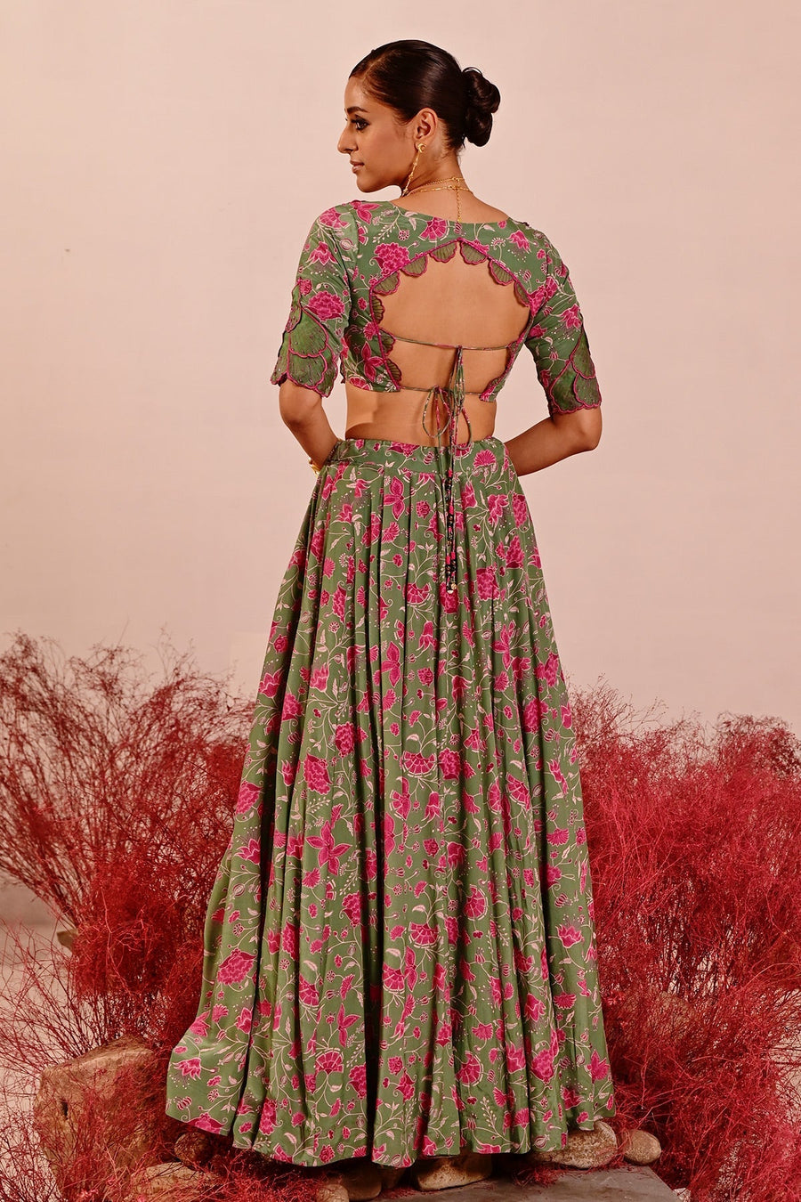 WOMEN'S GREEN CREPE & ORGANZA FARAH BLOUSE