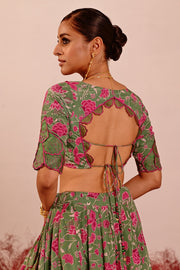 WOMEN'S GREEN CREPE & ORGANZA FARAH BLOUSE