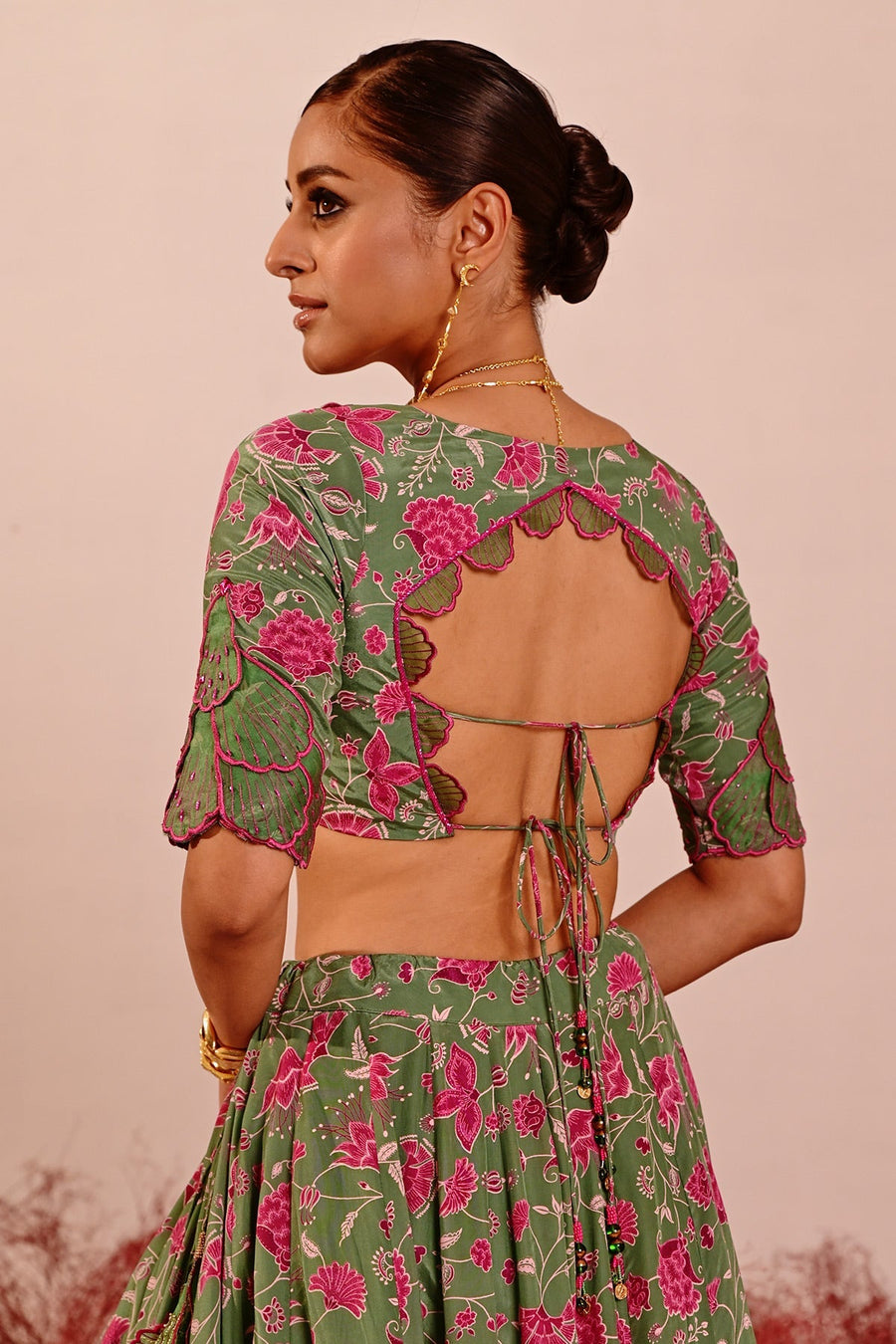 WOMEN'S GREEN CREPE & ORGANZA FARAH BLOUSE