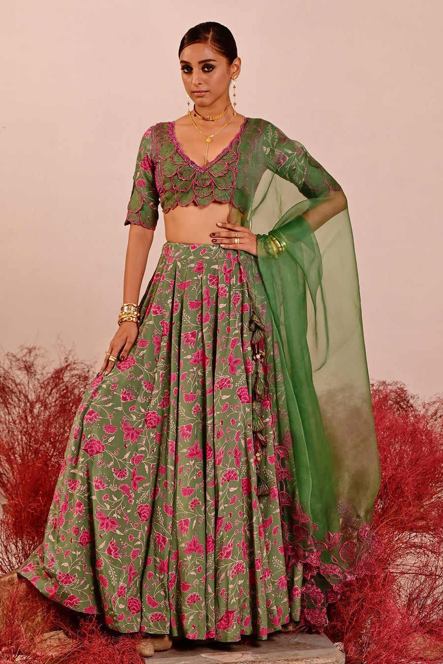 WOMEN'S GREEN CREPE & ORGANZA LIUORA LEHENGA SET