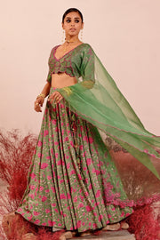 WOMEN'S GREEN CREPE & ORGANZA LIUORA LEHENGA SET